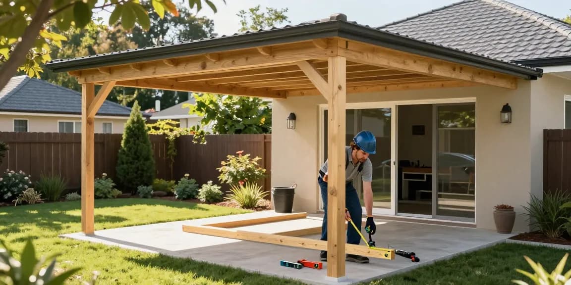Handwerker montiert einen Carport im Garten mit Werkzeugen in der Nähe.