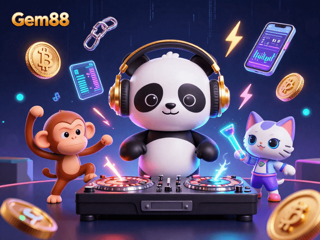 Experience thrilling gameplay with Gem88, a vibrant casino scene featuring crypto elements.