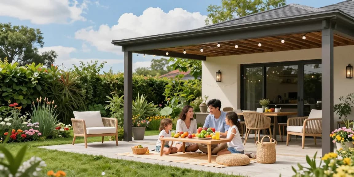 Freistehende Terrassenüberdachung in einem einladenden Garten, wo eine Familie ein Picknick genießt.