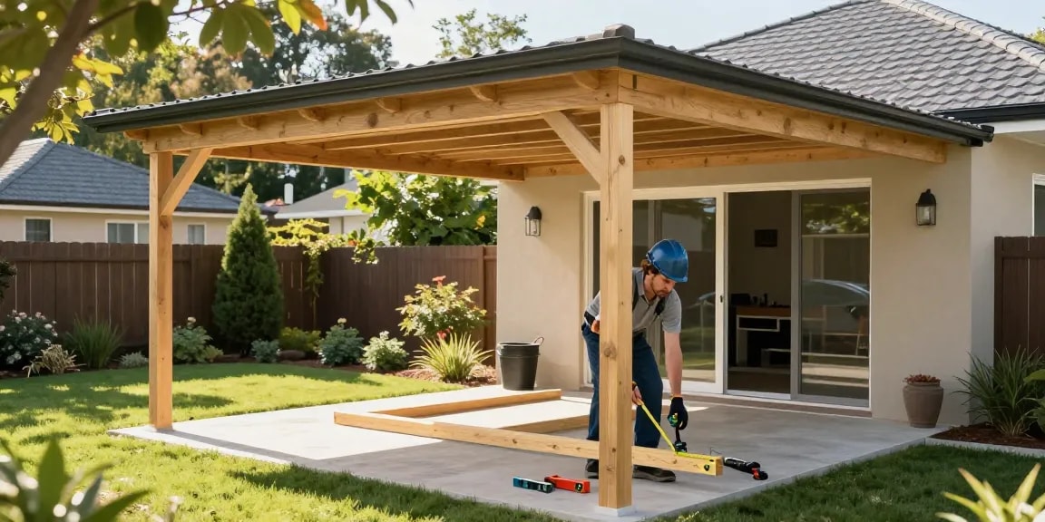 Handwerker montiert einen Carport im Garten mit Werkzeugen in der Nähe.