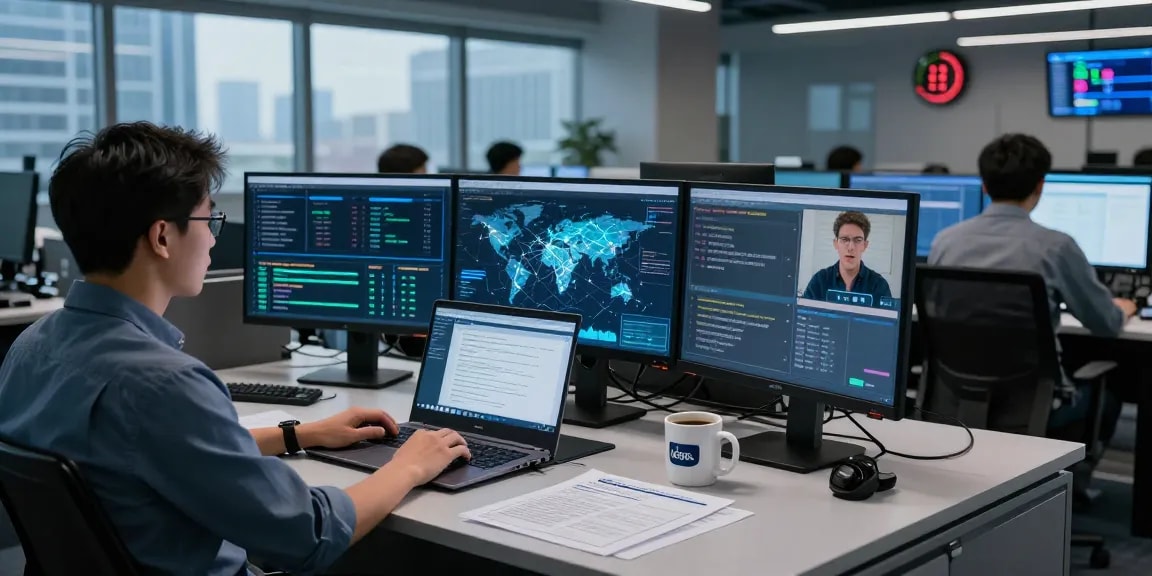 Daten- und IT-Sicherheit Dienstleistung in einem professionellen Cybersecurity-Büro mit Analysten und Monitoren.