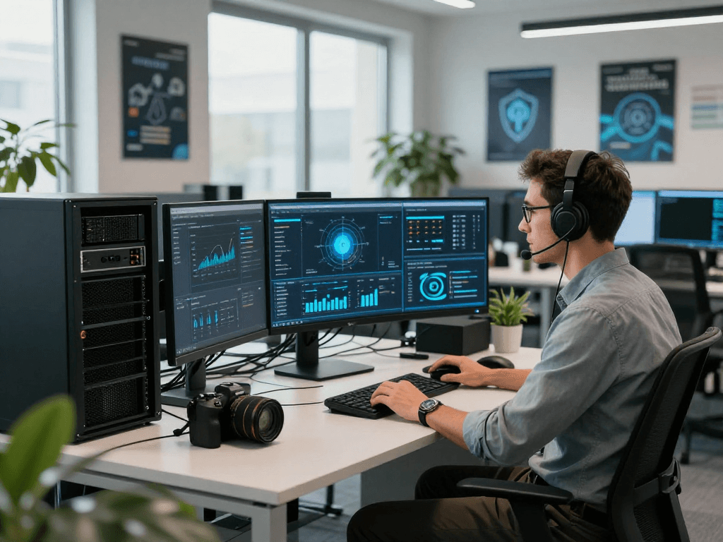 Daten- und IT-Sicherheit Dienstleistung being emphasized in a modern office with cybersecurity expert analyzing data.