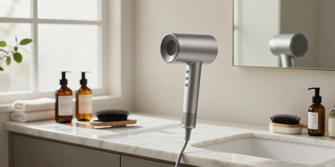 Eleganter Laifen Haartrockner auf Marmor-Theke mit Haarpflegeprodukten in modernem Badezimmer.
