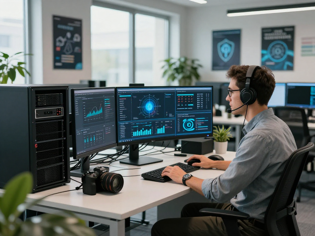 Daten- und IT-Sicherheit Dienstleistung being emphasized in a modern office with cybersecurity expert analyzing data.