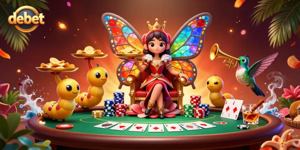 Experience thrilling gameplay at debet with a vibrant 3D casino scene featuring colorful characters and poker elements.