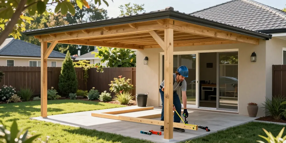 Handwerker montiert einen Carport im Garten mit Werkzeugen in der Nähe.