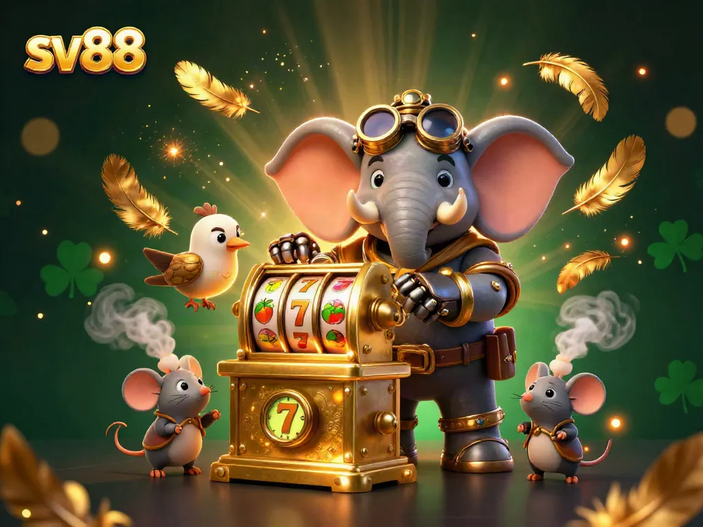 Spin the reels and win at sv88, featuring a steampunk elephant engineer with a golden slot machine.