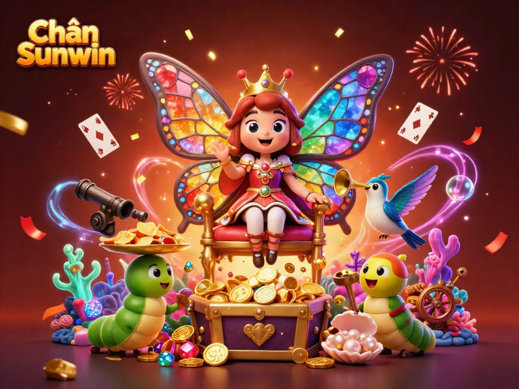 Engage with the vibrant world of Chắn Sunwin, where a majestic butterfly queen presides over a lively casino scene filled with treasures.