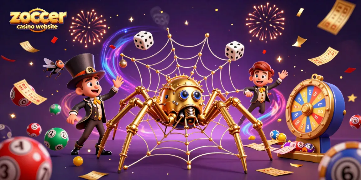 Engage with excitement at the zoccer casino website with a steampunk spider and game elements.
