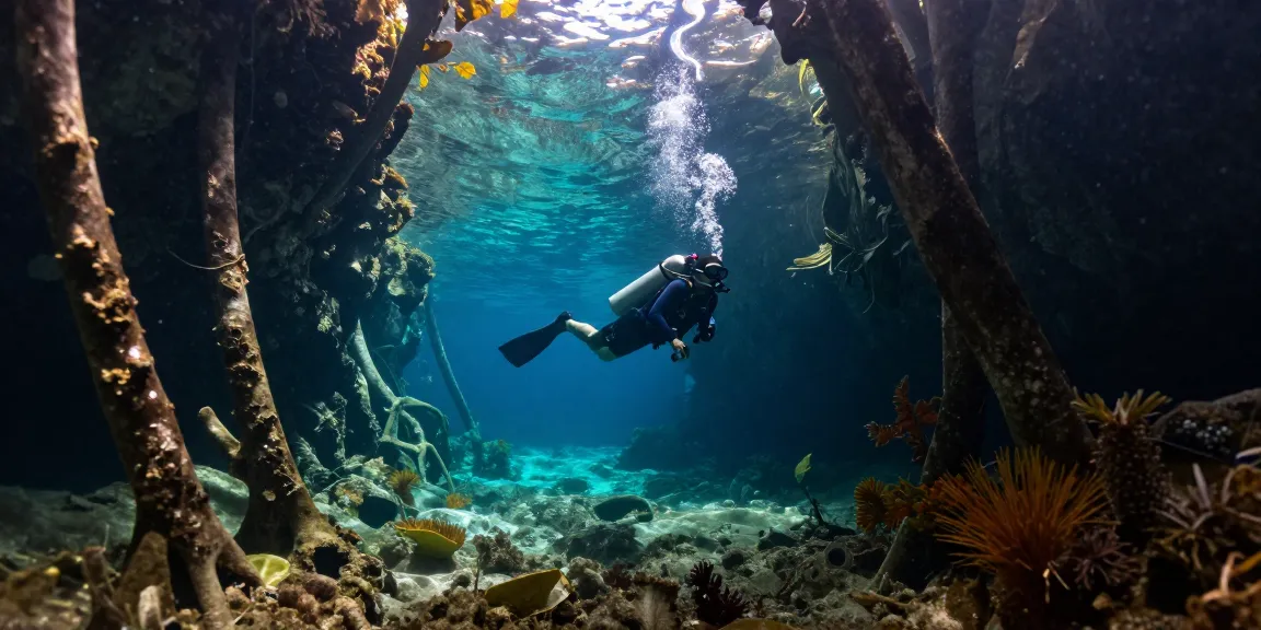 Ein Taucher erkundet die faszinierende Cenote Angelita, wo die mystische Schwefelwolke das Wasser in einem surrealen Licht erstrahlen lässt.