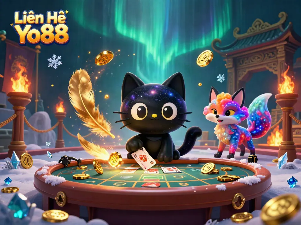 Engage with Liên Hệ Yo88 at a cosmic casino, featuring a black hole cat and nebula fox in a dynamic scene.