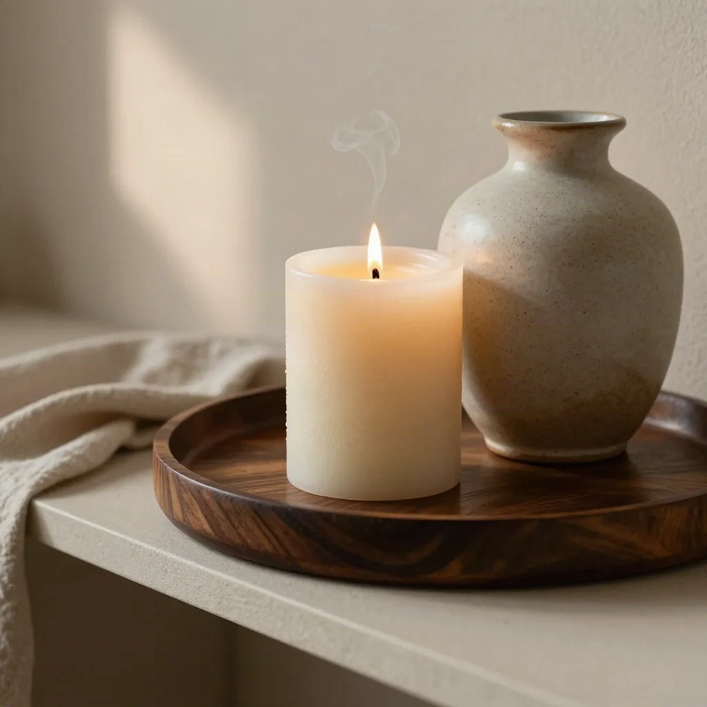 Cremekerze, sandglasierte Vase und Holztablett in warmer Wohnnische
