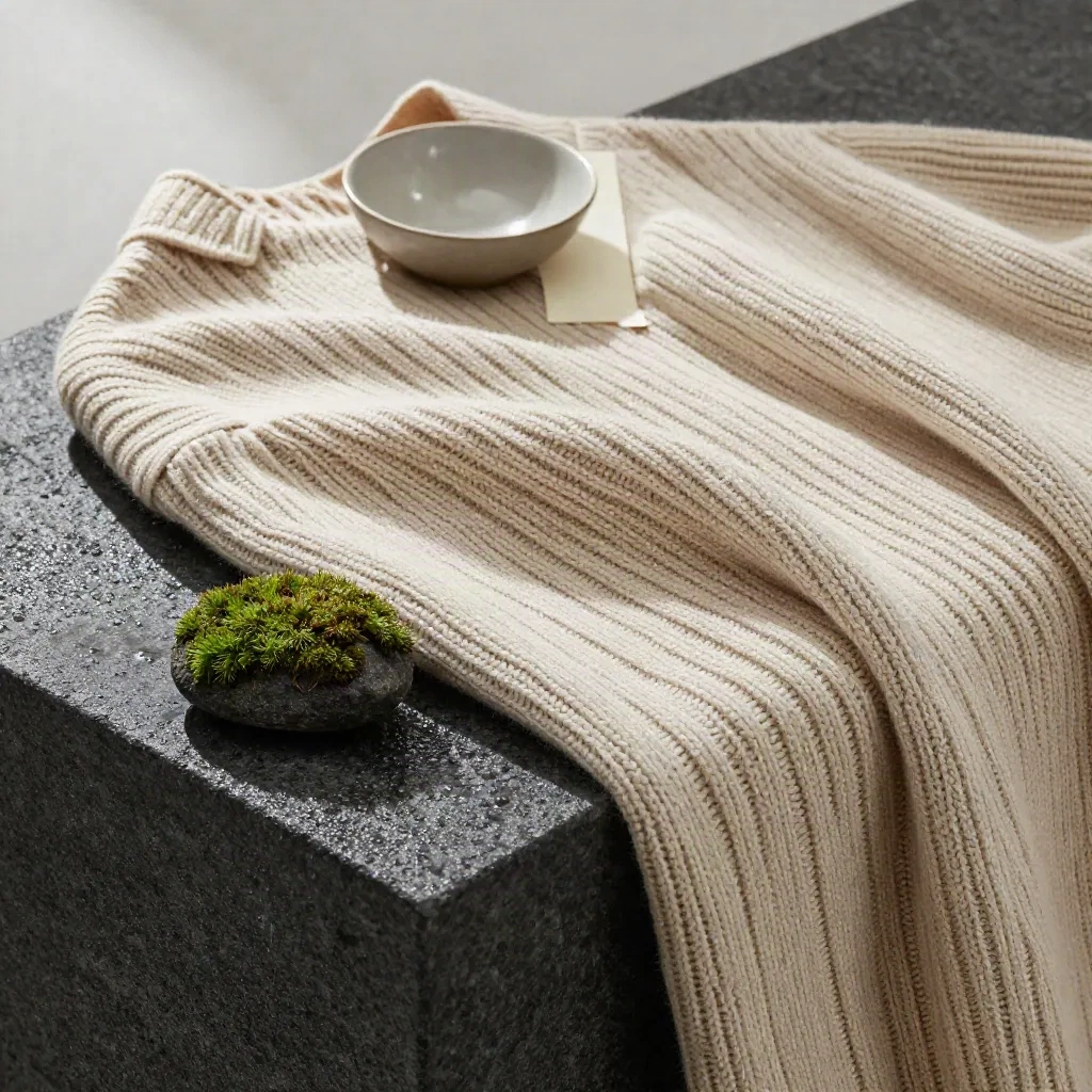 Ecru-Rippstrickpullover über nassem Basalt mit Moosstein und Keramikschale