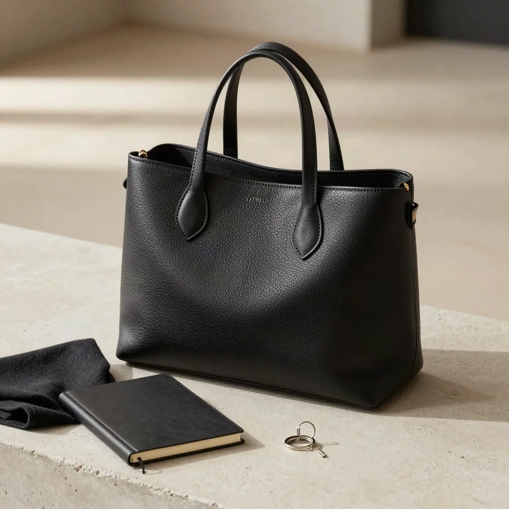 Schwarzer Lederlook-Shopper mit Tuch, Notizheft und Schlüsselbund auf hellem Stein.