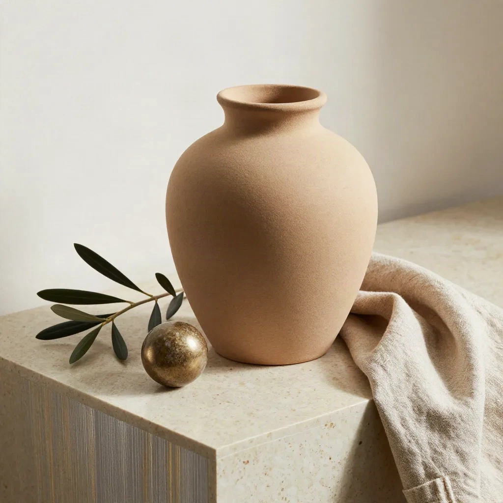 Sandfarbene Keramikvase mit Zweig, Steinkugel und Leinen auf Travertin im Studio.