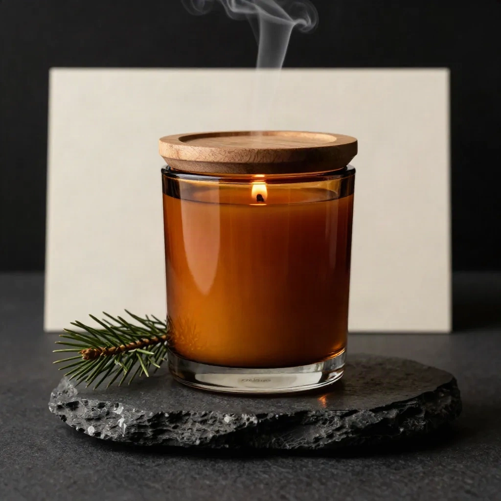 Bernsteinfarbene Duftkerze mit Holzdeckel auf dunklem Stein, mit Zedernzweig und warmem Rauch.