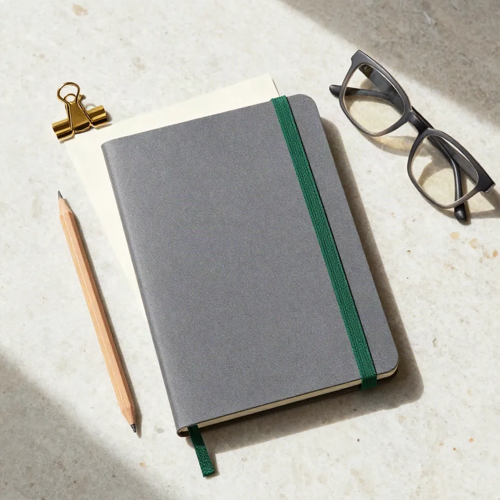 Notizbuch, Bleistift, Messingklammer und Brille auf Stein im Overhead-Flatlay.