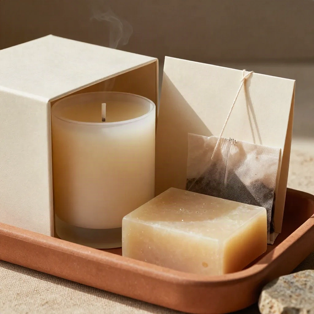 Geschenkbox mit Kerze, Tee, Seife und Karte in Creme auf terrakottafarbenem Untergrund.