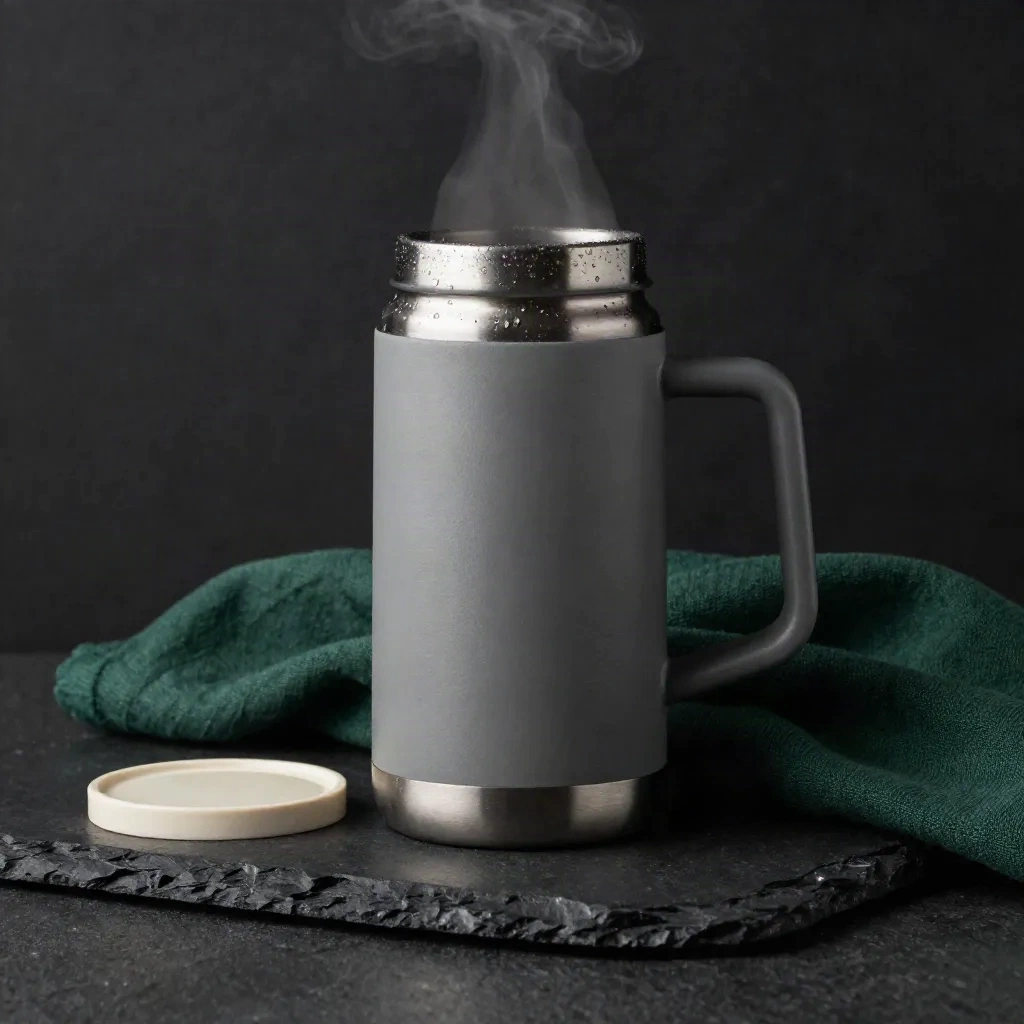 Grauer Thermobecher mit Kondensperlen und grünem Stofftuch, aus dem Dampf aufsteigt.