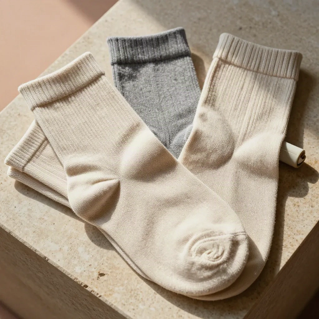 Drei weiche Baumwollsocken, gefaltet und aufgefächert, auf hellem Stein mit sanftem Schatten.