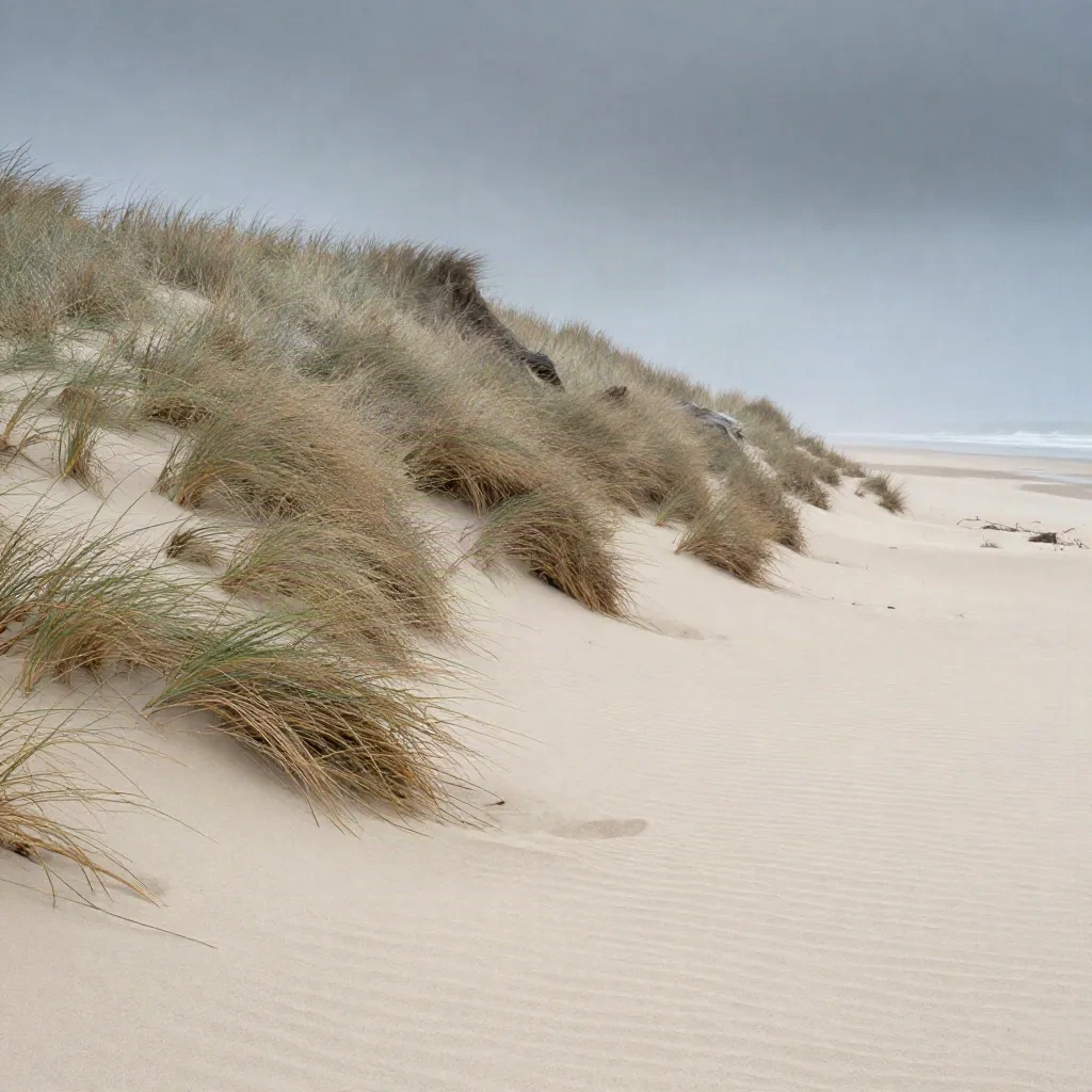 Windgekämmter Dünenkamm mit hellem Sand, trockenem Gras und Küstennebel im Schauerlicht.