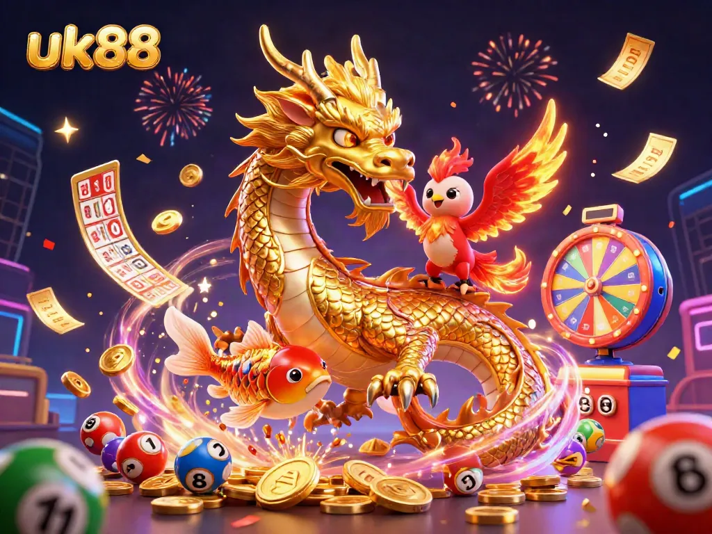 Join the excitement of uk88 with a fierce dragon, fiery phoenix, and lucky koi fish amid vibrant gaming elements.