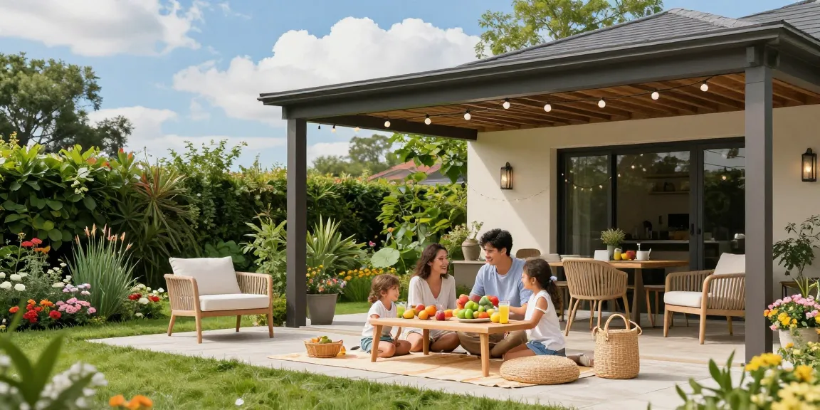 Freistehende Terrassenüberdachung in einem einladenden Garten, wo eine Familie ein Picknick genießt.