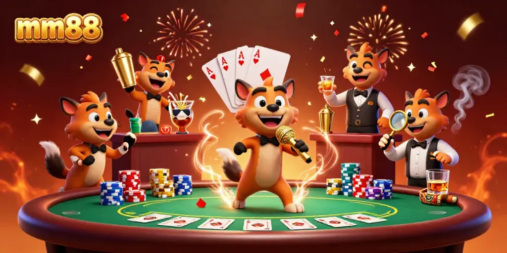 Experience the lively mm88 comedy casino scene with hyena characters engaged in hilarious antics.