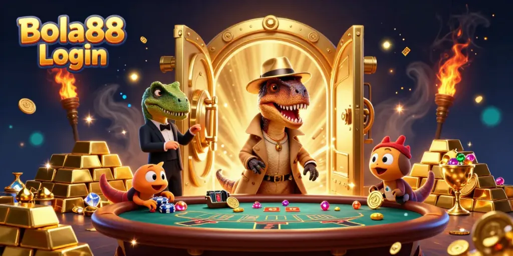 Bola88 Login at a blackjack table with a velociraptor card counter and stegosaurus pit boss in a dynamic 3D illustration