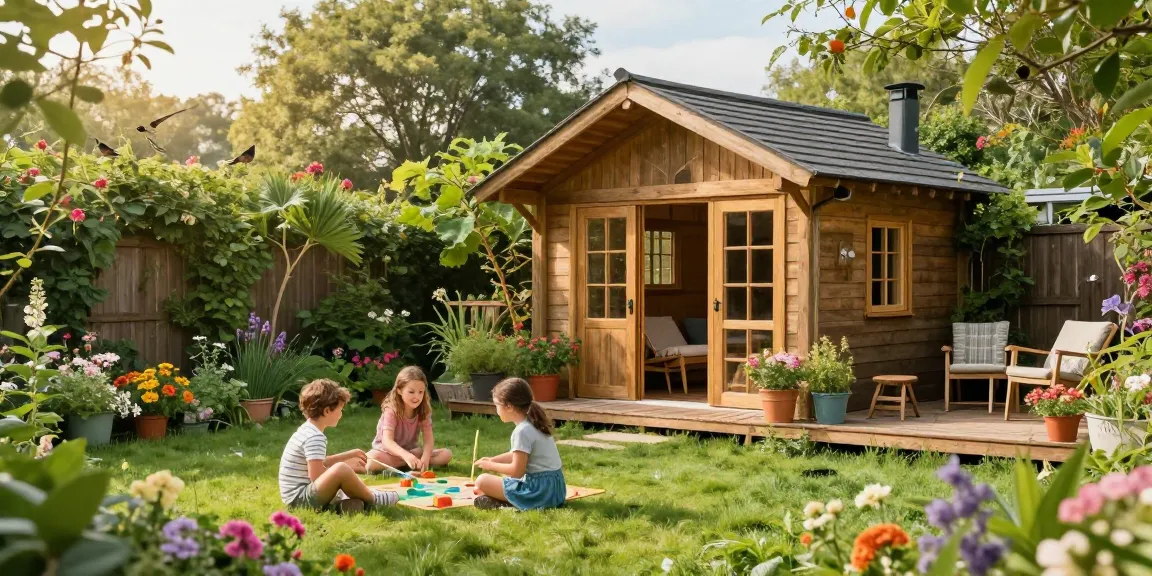 Attraktives Gartenhaus umgeben von Blumen und spielenden Familienmitgliedern, ideal für Gartenliebhaber.