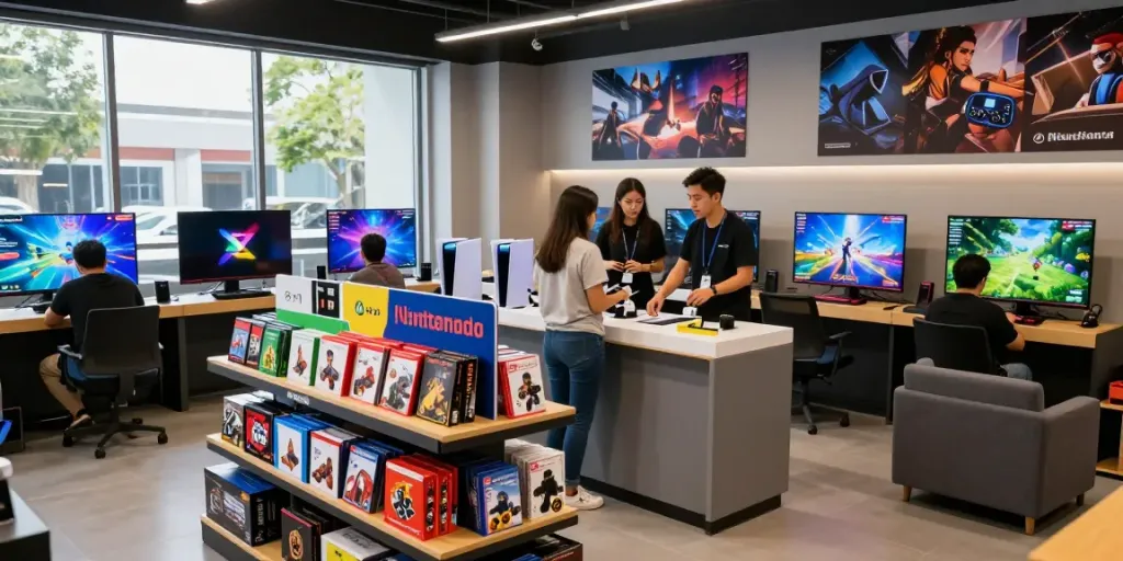 Customers exploring rokok88 gaming store with consoles and exclusive titles in a vibrant atmosphere