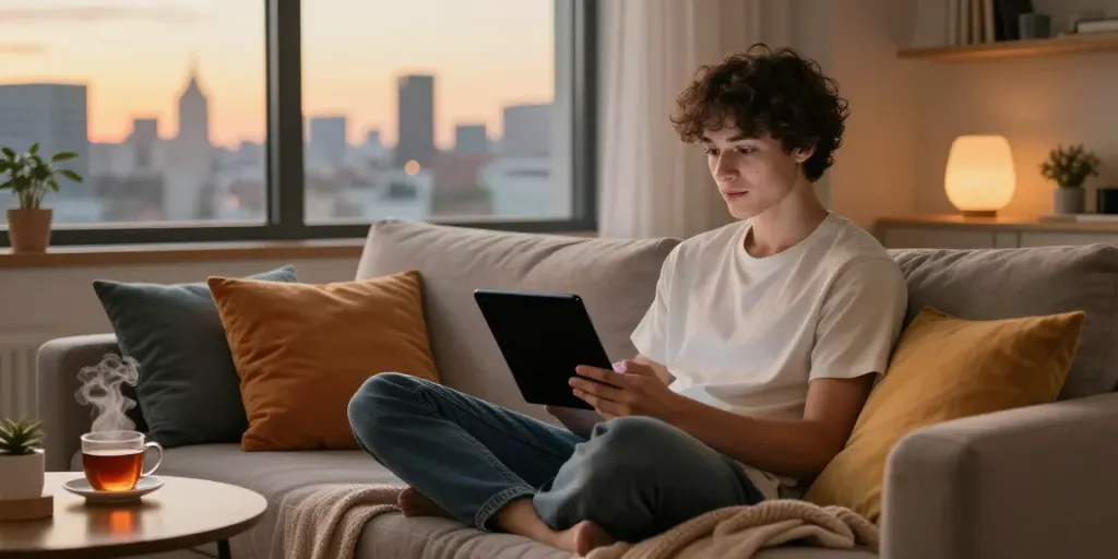 Engaging in a spicy chat on a smartphone in a cozy, modern living space.