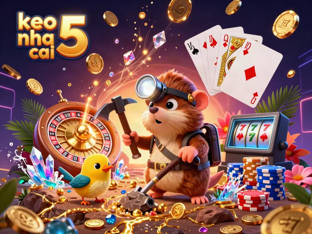Experience the thrilling action of keo nha cai 5 with vibrant treasures, dynamic gaming elements, and a treasure hunter exploring the shining cave.